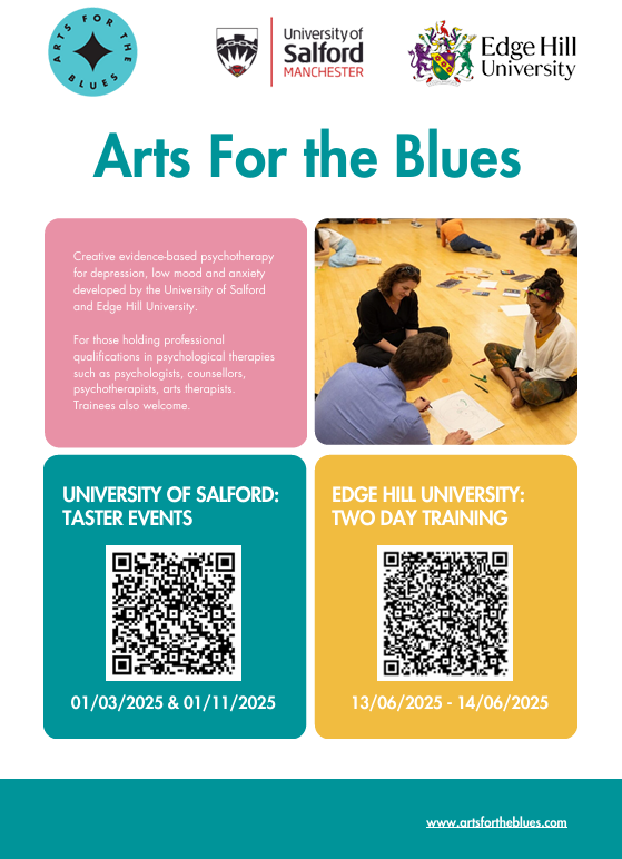 VKarkou's tweet photo. Our Arts for the Blues training for this year is now ready! One-day taster options at The University of Salford, and two-day training under the Research Centre for Arts and Wellbeing at Edge Hill University are available for those interested in this evidence-based model https://t.co/o0AEyUTrcz