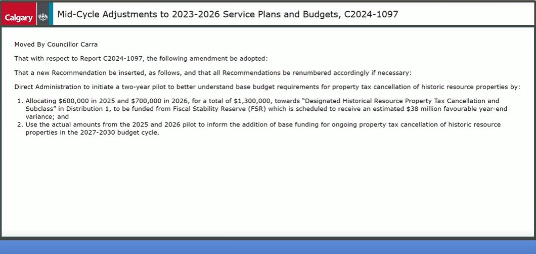 Council is now going back to Carra's amendment, which was withdrawn earlier for changes. It looks to use $1.3M from the Fiscal Stability Reserve for a pilot project to give historic resource properties a tax break.