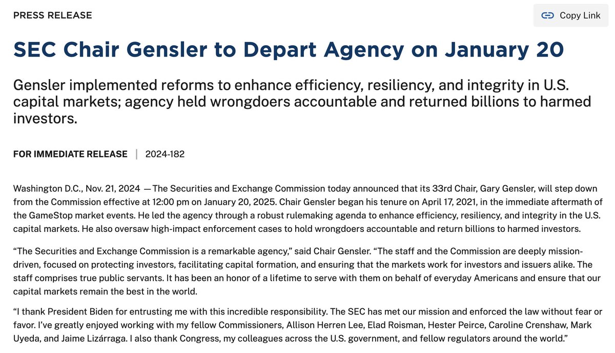 BREAKING: 🇺🇸 SEC Chair Gensler to Depart Agency on January 20.
