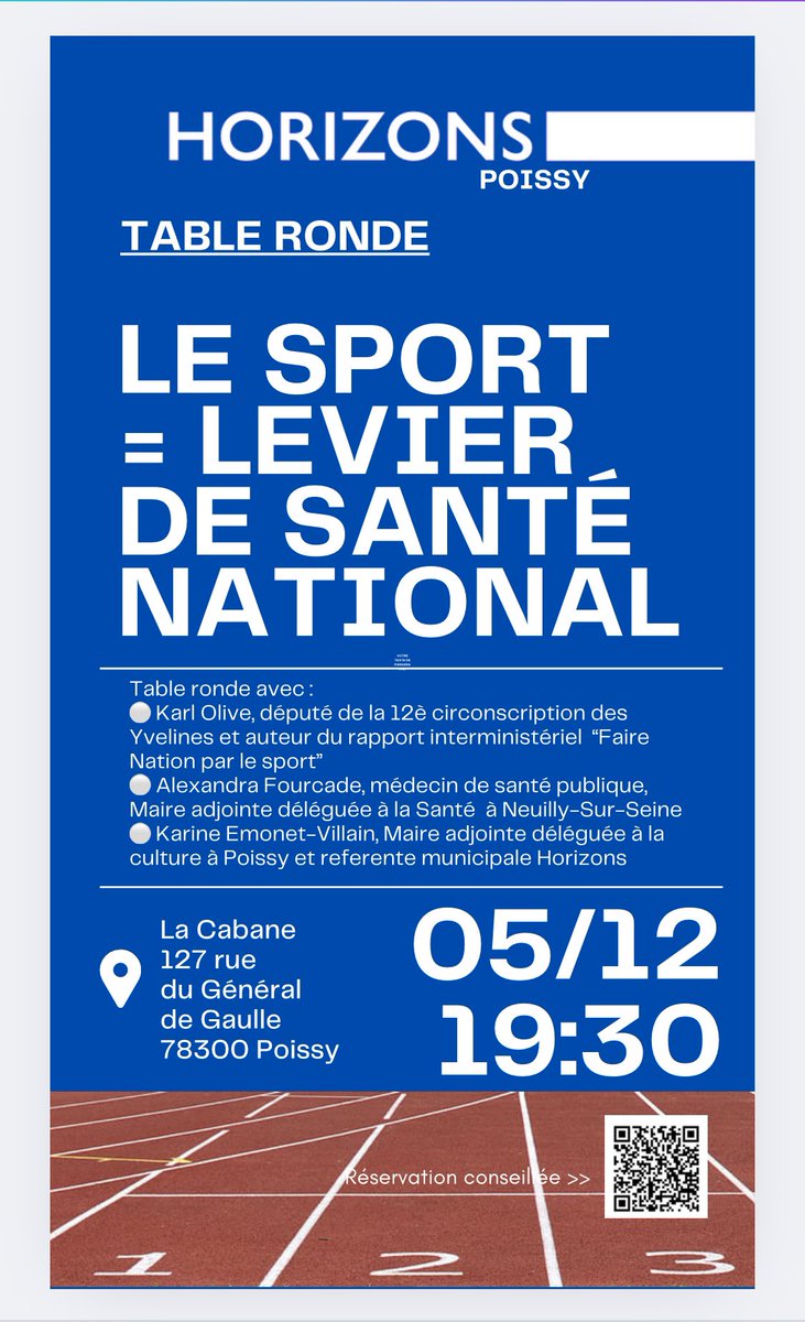 📍Prenez date 📍
Nouvelle réunion thématique du comité <a href="/Horizons_Poissy/">Horizons Poissy</a> le 5 décembre 
Après la formidable réussite des JOP de Paris 2024, nous parlerons du lien indéfectible entre le sport et la santé, de l’héritage des Jeux 🇫🇷  
Réservation conseillée 
forms.gle/VFr68yhxtHw1NB…