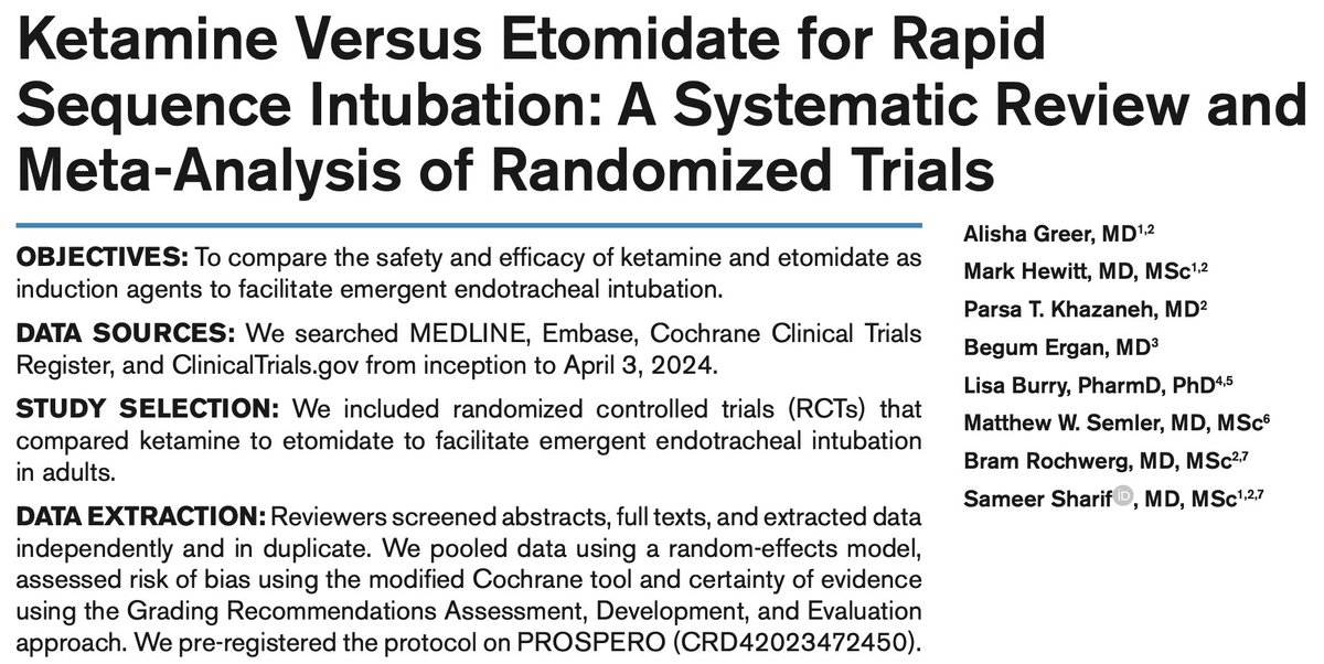 Sameer Sharif (@sameersharifmd) on Twitter photo Wonderful work by <a href="/leashgreer/">Alisha Greer</a> leading this systematic review on 💉ketamine💉 versus 💉etomidate💉 for 🫁RSI🫁 published in <a href="/CritCareMed/">Critical Care Medicine</a>
Article Link: …als-lww-com.libaccess.lib.mcmaster.ca/ccmjournal/ful…
See 👇below👇 for the Key Results Wonderful work by <a href="/leashgreer/">Alisha Greer</a> leading this systematic review on 💉ketamine💉 versus 💉etomidate💉 for 🫁RSI🫁 published in <a href="/CritCareMed/">Critical Care Medicine</a>
Article Link: …als-lww-com.libaccess.lib.mcmaster.ca/ccmjournal/ful…
See 👇below👇 for the Key Results