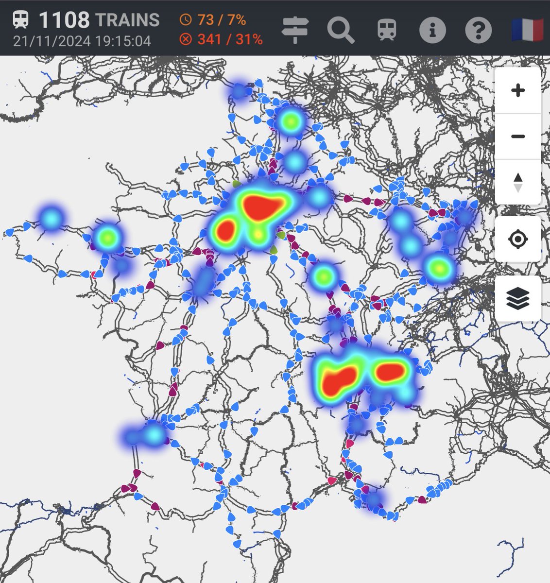 Près d'1/3 des trains retardés à 19h15, 7% supprimés, #LANEIGE est toujours plus forte... Courage à vous si vous êtes dans le train ou dans la cabine devant 😘
carto.tchoo.net/46.52225/2.153…