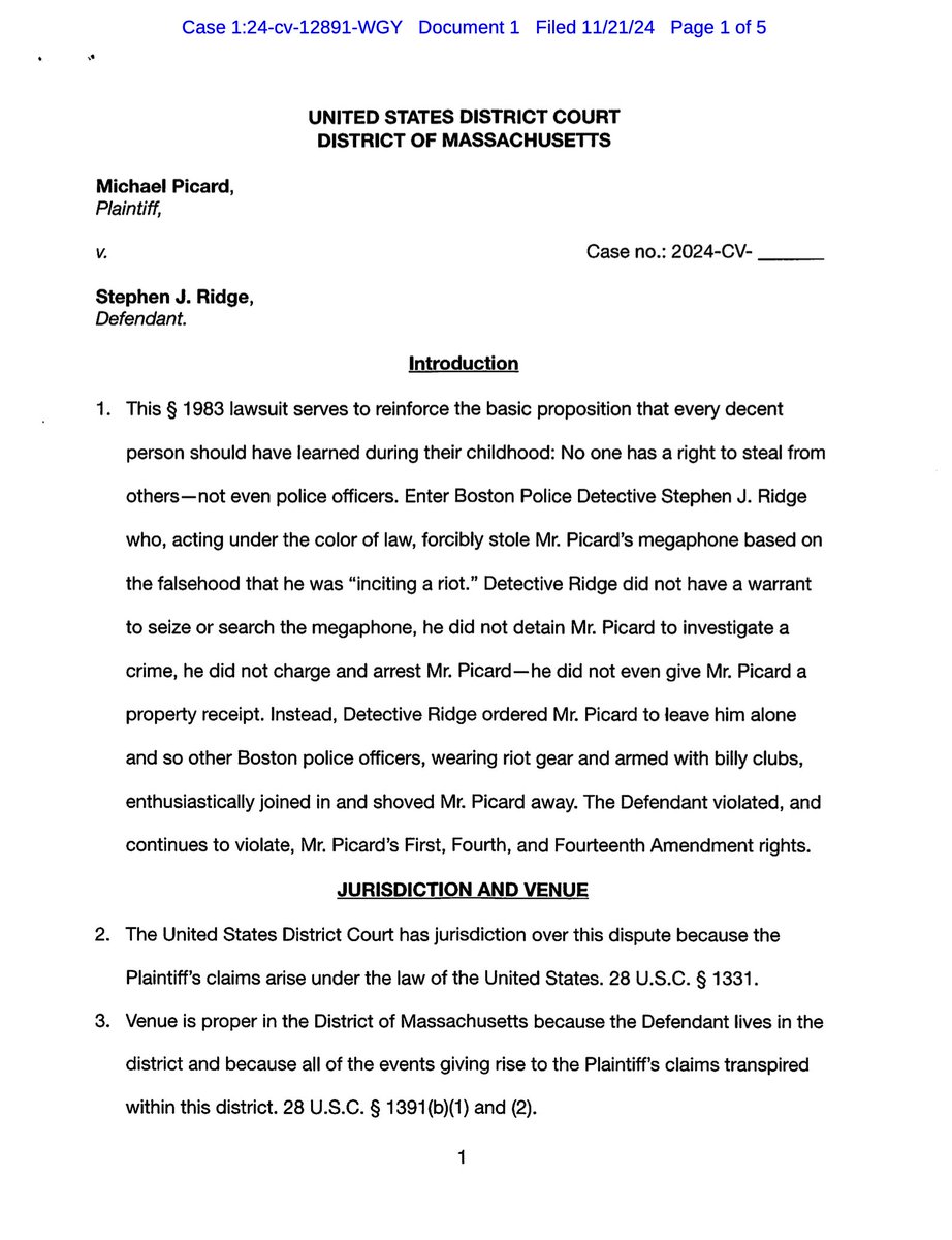 I filed a civil rights lawsuit today against the #Boston detective who stole my megaphone.
