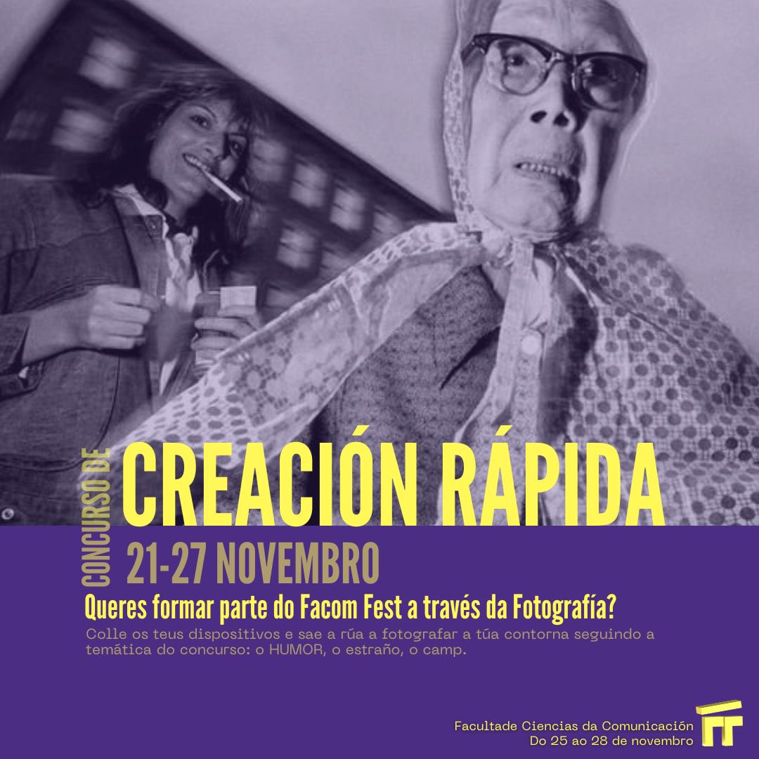 FacomFest's tweet photo. 📸CONCURSO DE CREACIÓN RÁPIDA en colaboración co Club de Fotografía da @facom_usc do 21 ao 27 de novembro.

Explicámosvos a continuación en que consiste⬇️ https://t.co/pxTOZsU40s