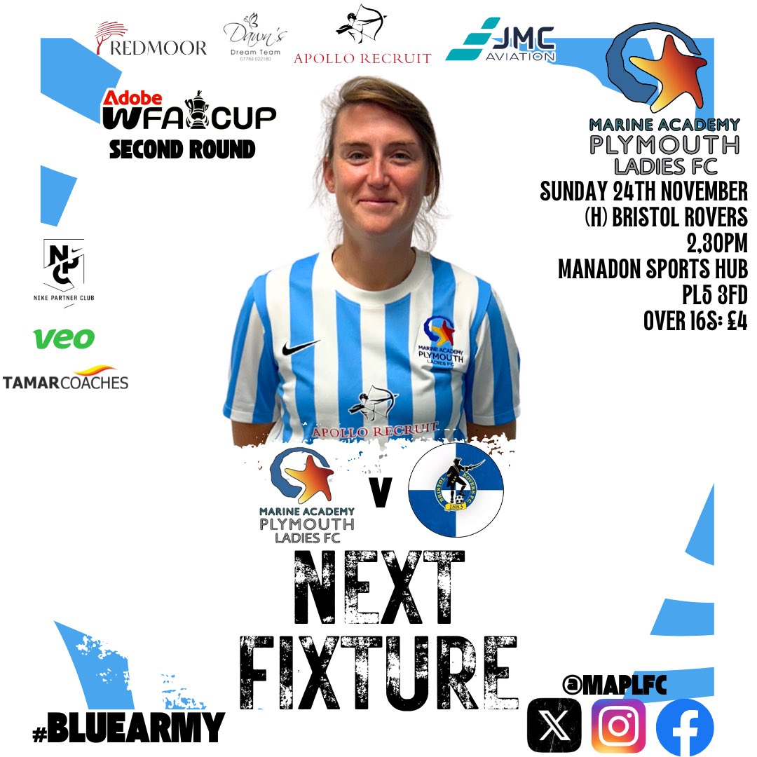 MAPLFC (@maplfc) on Twitter photo ๐ก๐๐ซ๐ง ๐๐๐ซ๐ง๐จ๐ฅ๐
This Sunday we host Bristol Rovers in <a href="/AdobeWFACup/">Adobe Women's FA Cup</a> 2nd Round
๐ <a href="/Official_BRWFC/">Bristol Rovers Women</a>
โ๏ธ 2.30pm ko
๐ <a href="/ManadonSportHub/">Manadon Sports & Community Hub</a>
๐ PL5 3FD
โ No ๐ถ allowed
๐๏ธ Over 16s: ยฃ4
ยฃ2 entry for 1 adult accompanying a MAP player in their Club kit
Come & show your support ๐ฉต ๐ก๐๐ซ๐ง ๐๐๐ซ๐ง๐จ๐ฅ๐
This Sunday we host Bristol Rovers in <a href="/AdobeWFACup/">Adobe Women's FA Cup</a> 2nd Round
๐ <a href="/Official_BRWFC/">Bristol Rovers Women</a>
โ๏ธ 2.30pm ko
๐ <a href="/ManadonSportHub/">Manadon Sports & Community Hub</a>
๐ PL5 3FD
โ No ๐ถ allowed
๐๏ธ Over 16s: ยฃ4
ยฃ2 entry for 1 adult accompanying a MAP player in their Club kit
Come & show your support ๐ฉต