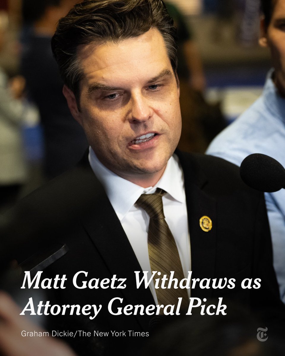 nytimes's tweet photo. Matt Gaetz, President-elect Trump’s pick for attorney general, withdrew from consideration for the role on Thursday. Sexual misconduct allegations against Gaetz had drawn much scrutiny, including from senators who would vote to approve the position. https://t.co/m7ZyYTm883 https://t.co/dR4CQNOvEP