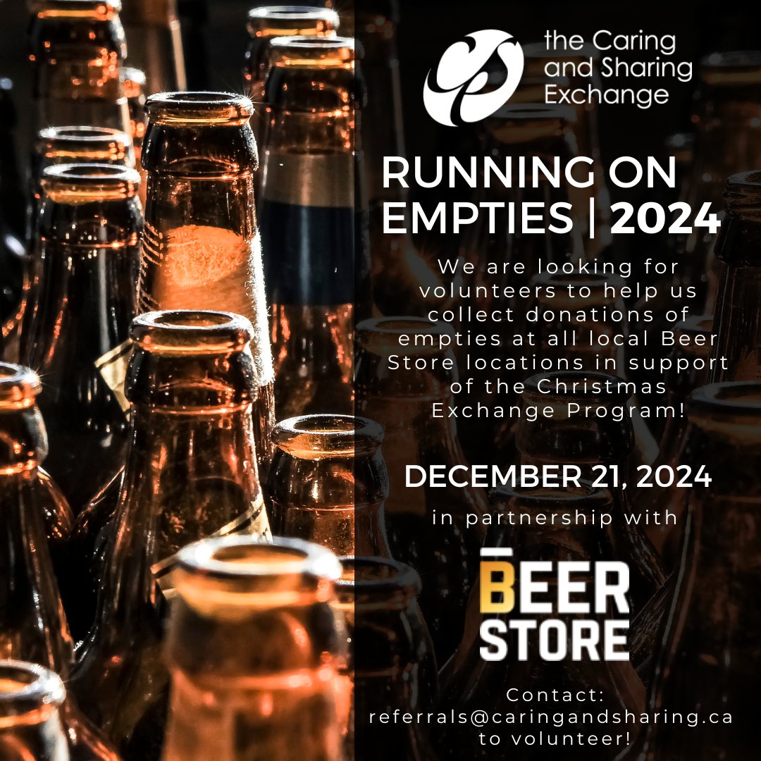Seeking volunteers to help us collect bottles at all local Ottawa Beer Stores on Dec. 21 in support of the Christmas Exchange Program.  2 Shifts available (10:00 - 1:30 or 1:30-5:00). Contact referrals@caringandsharing.ca if you can help us out.  #Volunteer #CaringAndSharing