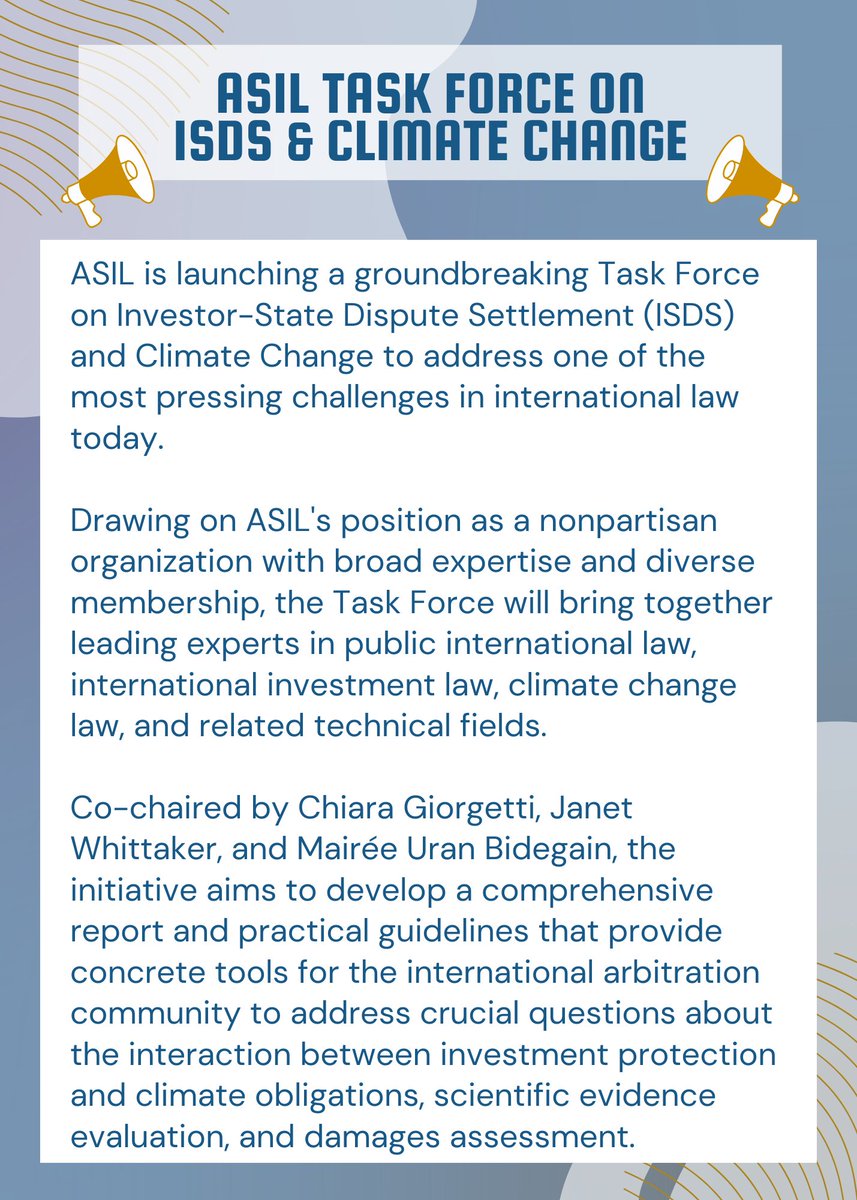 asilorg's tweet photo. We are thrilled to announce a New Task Force on ISDS and Climate Change, led by ASIL members Chiara Giorgetti, Janet Whittaker, and Mairée Uran Bidegain.

Watch this space for more as the project progresses! https://t.co/HLHe0UoQPM