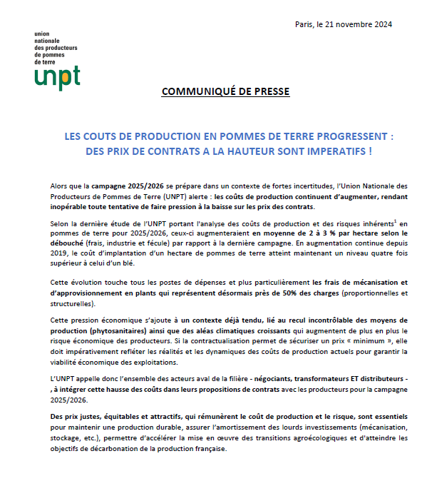 UNPT_FRANCE's tweet photo. 🚨 Pommes de terre : #produire coûte toujours plus cher ! 
Face à une nouvelle hausse des coûts de production prévue pour 2025/2026 – au plus haut depuis 2019 – et à des #risques climatiques accrus, l’@UNPT_FRANCE appelle à l’intégration de ces éléments aux futurs contrats de vente.
👉 Des #prix justes, pour des exploitations #durables et #performantes ! Découvrez notre communiqué 🔗https://t.co/mub3VeQD78