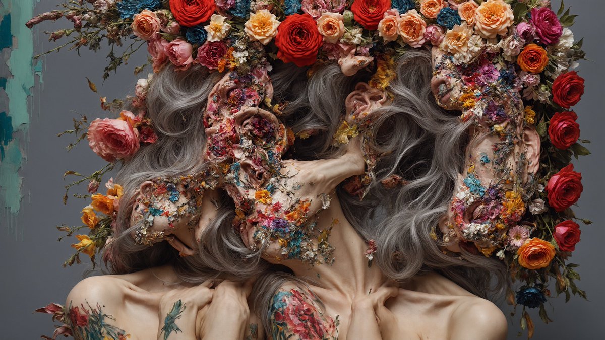 GM/GN : 
new collection out: 

the series "Mutant Blossoming" explores the representation of mutant flowers growing on modified oriflamme women, mutants, as a symbol of integration and veneration of femininity as works of art…

objkt.com/collections/KT…

#nabukodoro #aiart #nft