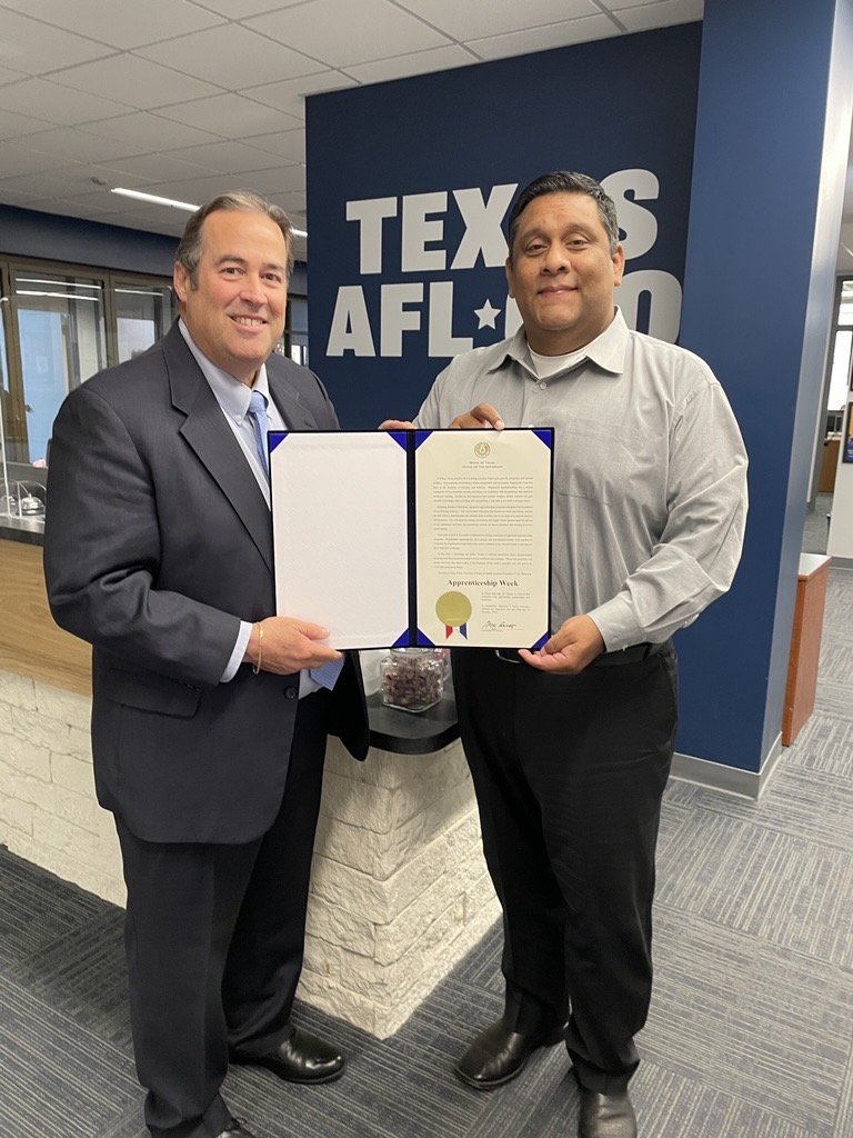 I am honored to present the Apprenticeship Week Proclamation signed by the Governor of Texas Greg Abbott. Leonard Aguilar, Secretary-Treasurer of the Texas AFL-CIO received the proclamation this morning. #ApprenticeshipTexas #workforce