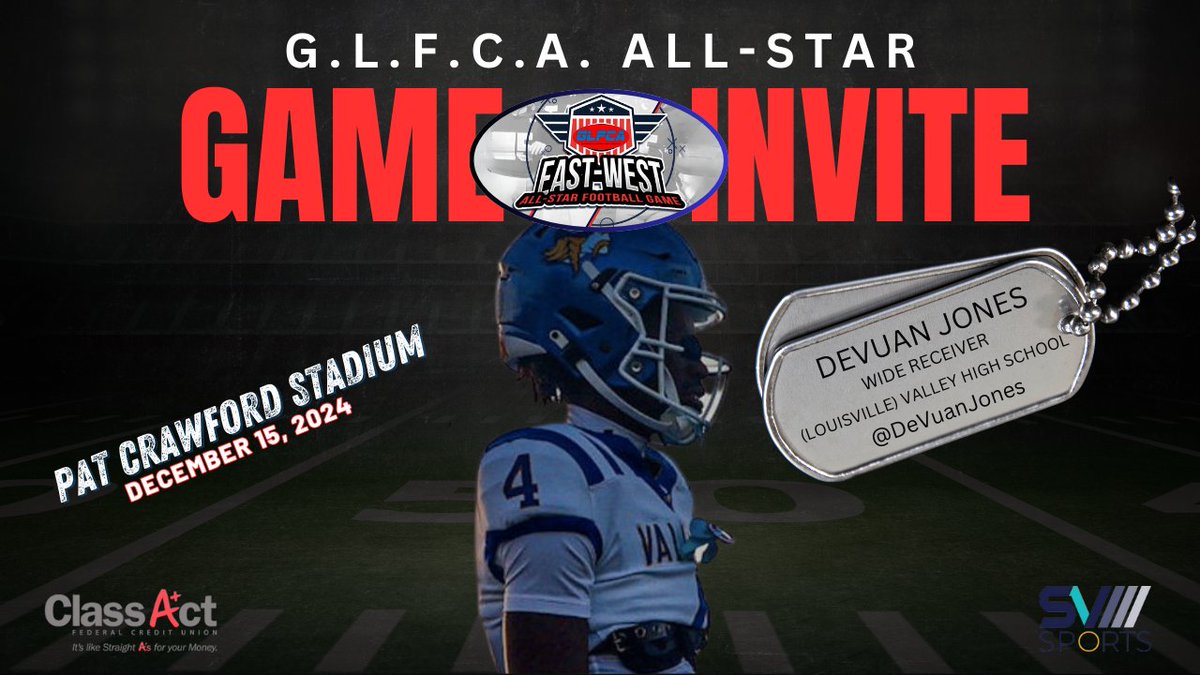Building Lives Through Sports Network (@blts_network) on Twitter photo 🚨<a href="/GLFCA1/">GLFCA</a> EAST VS. WEST ALL-STAR FOOTBALL GAME🚨
DATE: DECEMBER 15, 2024
LOCATION: <a href="/Ballard_Bruins/">Ballard Bruin Athletics</a> (LOUISVILLE, KY)
☆Congrats to <a href="/DeVuanJones/">DeVuanJones</a> of <a href="/_VHS_Athletics/">ValleyHS Athletics</a> on his OFFICIAL INVITE to the 2024 GLFCA East vs. West All-Star Football Game☆
*FURTHER DETAILS SHARED LATER* 🚨<a href="/GLFCA1/">GLFCA</a> EAST VS. WEST ALL-STAR FOOTBALL GAME🚨
DATE: DECEMBER 15, 2024
LOCATION: <a href="/Ballard_Bruins/">Ballard Bruin Athletics</a> (LOUISVILLE, KY)
☆Congrats to <a href="/DeVuanJones/">DeVuanJones</a> of <a href="/_VHS_Athletics/">ValleyHS Athletics</a> on his OFFICIAL INVITE to the 2024 GLFCA East vs. West All-Star Football Game☆
*FURTHER DETAILS SHARED LATER*
