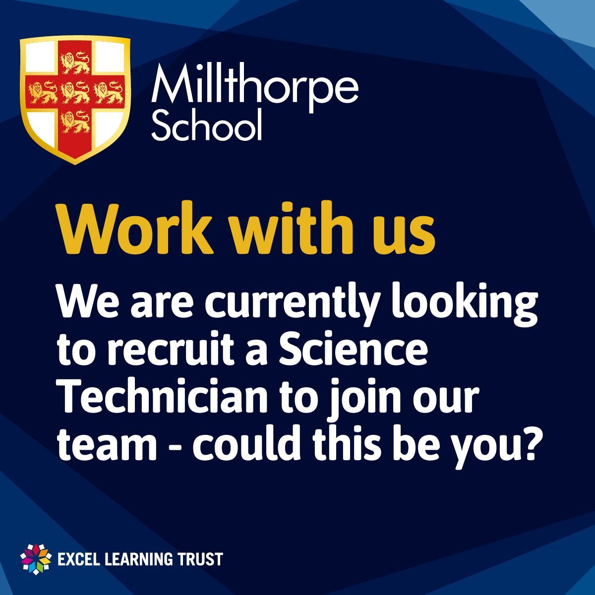MillthorpeSch's tweet image. We are looking to recruit an enthusiastic Science Technician to support our science department by ensuring a safe, well-equipped environment for KS3 and KS4 practical lessons. 

To find out more, head to the @EXCEL_LT website: buff.ly/3CN5OZE #excelatwork #science #jobs
