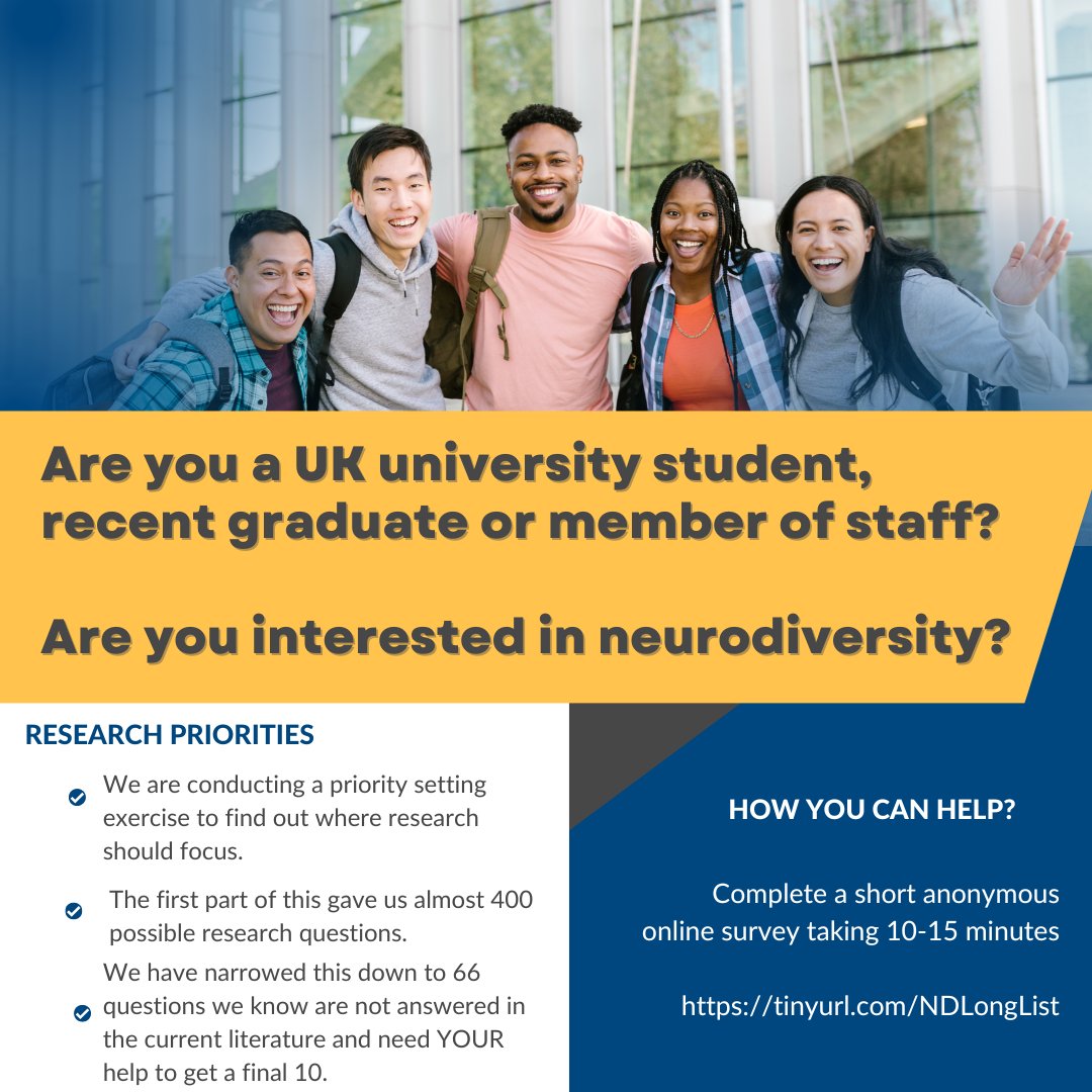 Help us to identify where research should focus in the area of neurodiversity in higher education. We need help going from our long list to a short list! If you are current student, or staff member you can help us by completing a short survey tinyurl.com/NDLongList.