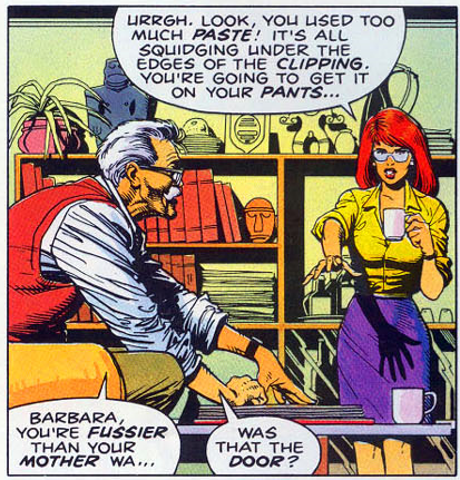 timhanley01's tweet photo. 14. Retirement set up her role in Batman: The Killing Joke, where she was shot by the Joker and paralyzed. I'm not going to show you those panels. They're gross and have been re-illustrated a thousand times since. Here she is having cocoa with her dad, though. #NeverASidekick https://t.co/YXU2KNTJnZ