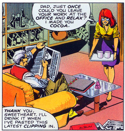 timhanley01's tweet photo. 14. Retirement set up her role in Batman: The Killing Joke, where she was shot by the Joker and paralyzed. I'm not going to show you those panels. They're gross and have been re-illustrated a thousand times since. Here she is having cocoa with her dad, though. #NeverASidekick https://t.co/YXU2KNTJnZ