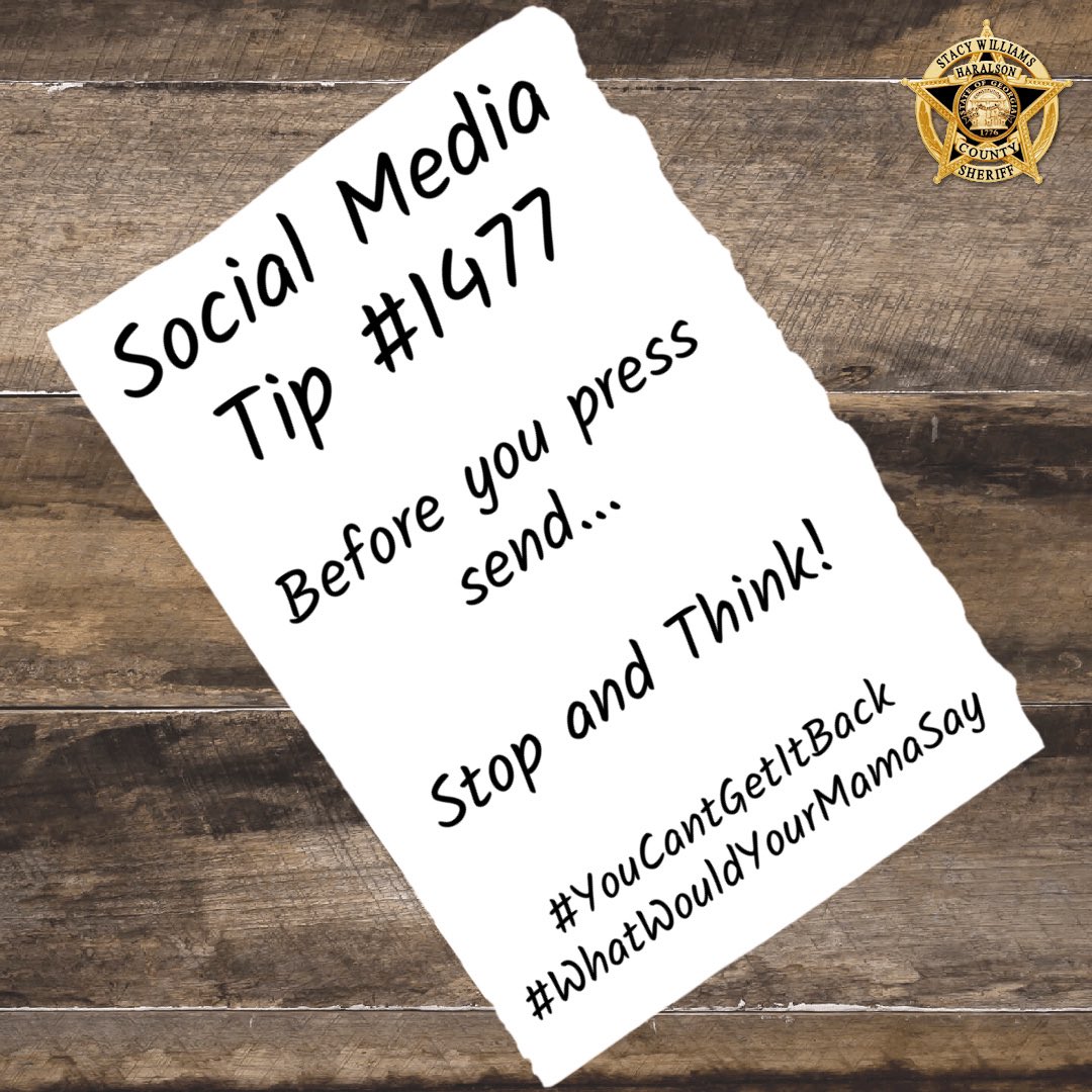 HaralsonSheriff's tweet photo. Before you post on SM, stop and think:
Is it true?
Is it verifiable?
Is it positive?
Will you regret the screenshots taken of it later???
We can make social media a positive or a negative experience.
Which one will it be?
#CantTakeItBack
#ThinkBeforeYouPressSend
#HCSO https://t.co/2PQz4NOldA