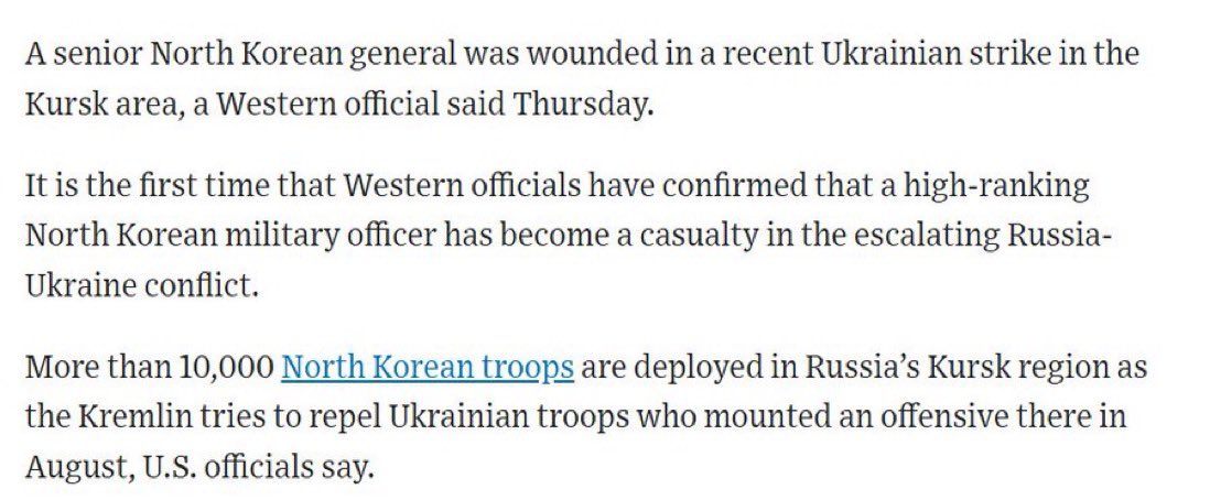 A senior North Korean general has been wounded in a recent Ukrainian strike in the Kursk area, according to a western official - WSJ 

wsj.com/world/senior-n…