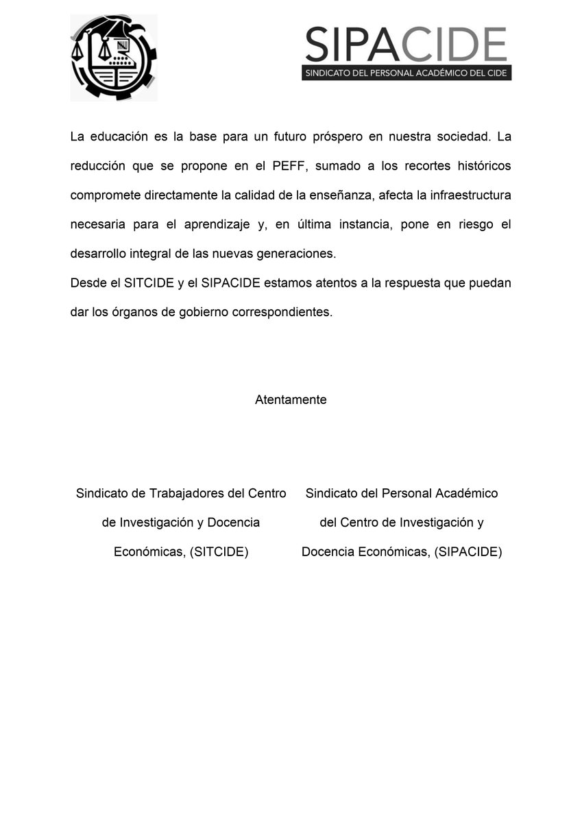 Sindicato del Personal Académico del CIDE (@sipacide) on Twitter photo ATENTO LLAMADO A LA REFLEXIÓN
<a href="/sitcide/">SITCIDE</a> <a href="/sipacide/">Sindicato del Personal Académico del CIDE</a>
Presupuesto para el CIDE en el PPEF 2025
Por casi una década el CIDE ha experimentado recortes a su presupuesto. Desde el año 2015 a la fecha, el presupuesto del CIDE ha disminuido 40% real aproximadamente. ATENTO LLAMADO A LA REFLEXIÓN
<a href="/sitcide/">SITCIDE</a> <a href="/sipacide/">Sindicato del Personal Académico del CIDE</a>
Presupuesto para el CIDE en el PPEF 2025
Por casi una década el CIDE ha experimentado recortes a su presupuesto. Desde el año 2015 a la fecha, el presupuesto del CIDE ha disminuido 40% real aproximadamente.