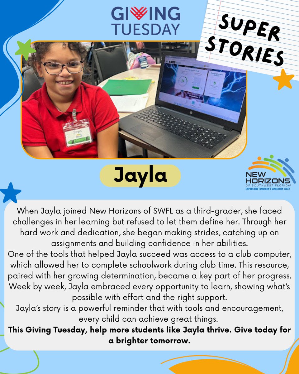 NewHorizonsSWFL's tweet image. This #GivingTuesday, your donation will help New Horizons equip Southwest Florida’s most vulnerable K-12 students with the tools they need to succeed in school and life.

✨ Donate now and make a lasting impact! 
givebutter.com/NewHorizonsofS…