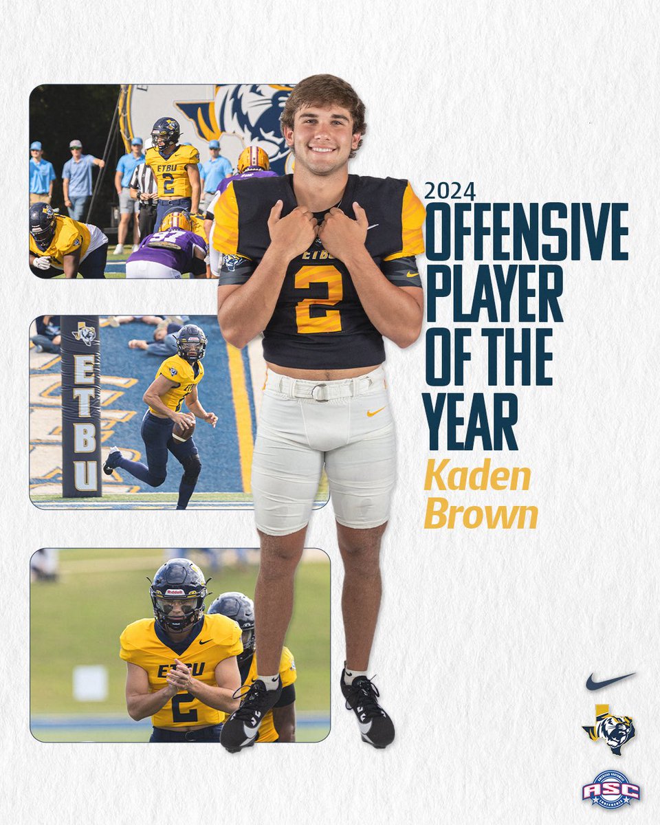 ETBU_Football's tweet photo. Congratulations to Kaden Brown on being named the ASC Co-offensive Player of the Year!

#TexasTigers #903Chaos https://t.co/7U5pqbLfea
