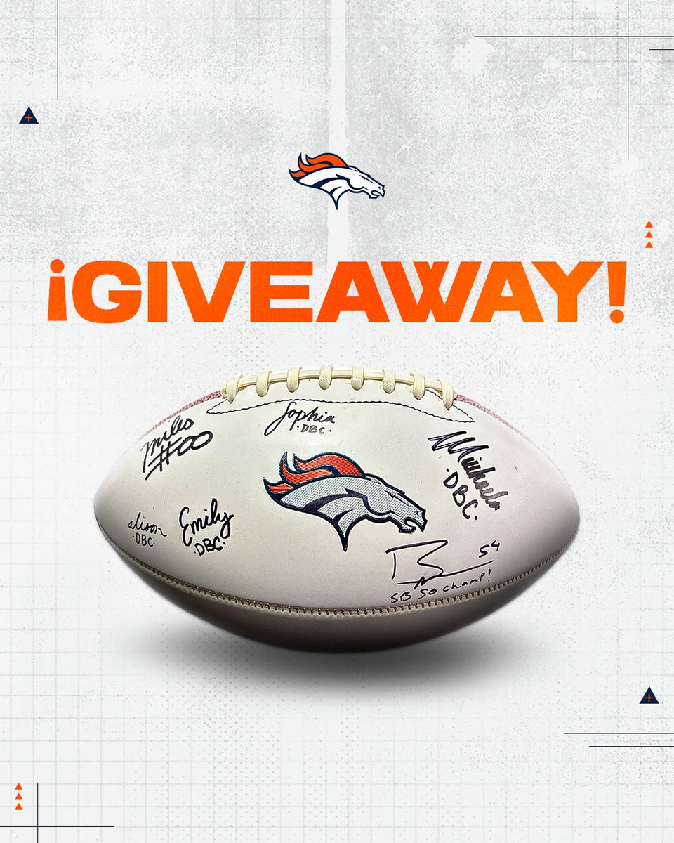 Síguenos, dale like 🧡 y comparte para tener la oportunidad de ganar este balón 🏈 autografiado por <a href="/BroncosCheer/">Broncos Cheerleaders</a> , <a href="/BMarshh/">Brandon Marshall</a> 🏆 y <a href="/5280Miles/">Miles</a>. 🫡 

#BroncosCountry  | #VamosBroncos