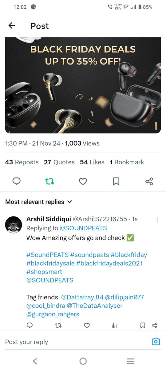 ArshilS72216755's tweet photo. @SOUNDPEATS Entry Done 👍
Wow Amezing offers go and check ✅
#soundpeats #giveaway #SoundPEATSGiveaway #blackfridayfun #WinBig
@SOUNDPEATS
Tag friends. @Dattatray_84 @dilipjain077 @cool_bindra @TheDataAnalyser @gurgaon_rangers https://t.co/5SYgLb6QJ8