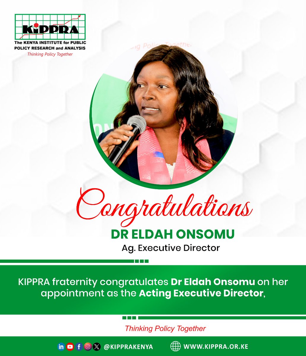 The <a href="/KIPPRAKENYA/">KIPPRA</a> fraternity congratulates Dr Eldah Onsomu on her appointment as the Acting Executive Director of the Institute.
#ThinkingPolicyTogether