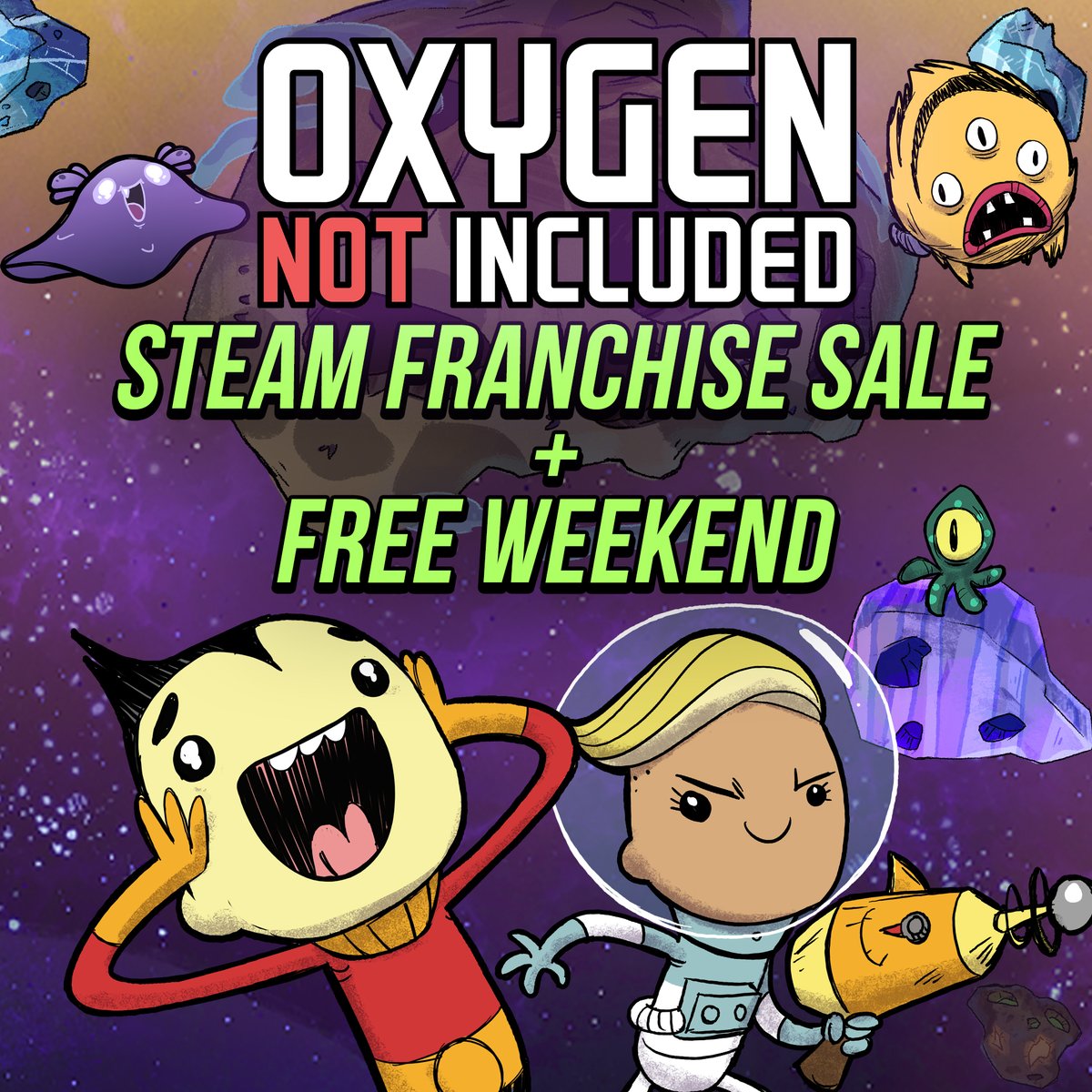 klei's tweet photo. The entire Oxygen Not Included franchise is on sale from now until December 4th on Steam! 

Curious new space explorers can play the base game for free from November 21st to 25th.

Check it out here: 
https://t.co/kGlcji81ZQ
🚀🚀🚀🚀🚀🚀 https://t.co/4mR8sVly04