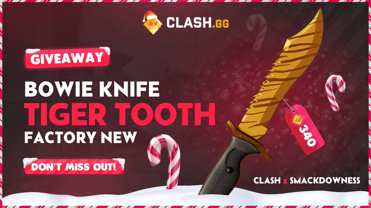 Bowie Knife - Tiger Tooth (Factory New) Giveaway! 👑

Steps to join 👇
✅Retweet
✅Follow <a href="/clashdotgg/">ClashGG</a> <a href="/Smackdowness/">Smack</a> 
✅Tag 1 Friend 🤠

Rolling in 7 Days ⏰