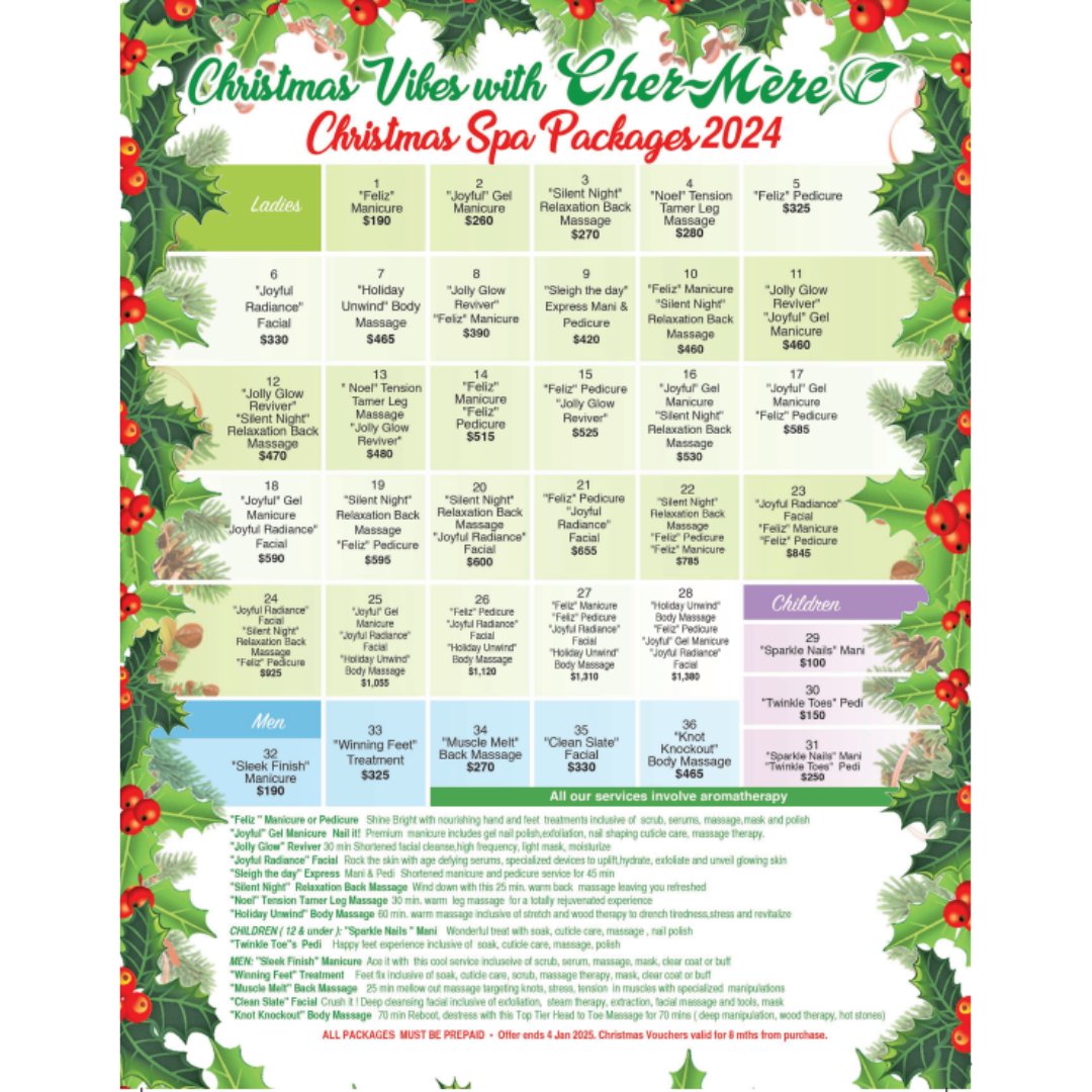 chermeredayspa's tweet image. Wrap yourself in the warmth of the season with our Christmas-inspired spa packages.

You&apos;re invited to Unwrap the Magic and step into a world of wonder and joy, at each of our four day spas.

#spapackage #holidayspa #relaxandunwind #Christmasspa #selfcareseason #spadayeveryday