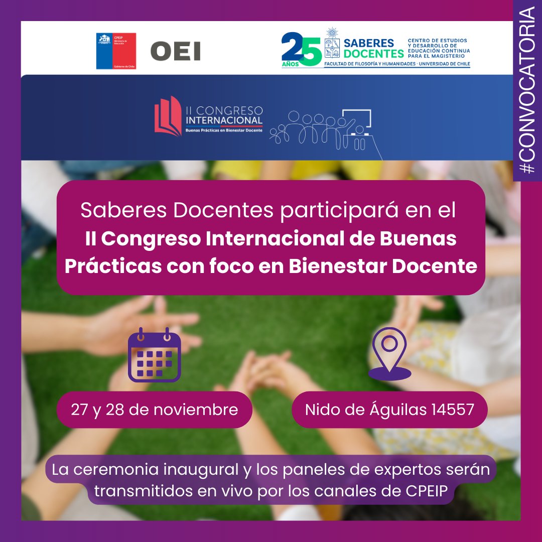 🎓 Pablo González, coordinador de redes educativas de Saberes Docentes, participará en el II Congreso Internacional de Buenas Prácticas con foco en Bienestar Docente, organizado por el CPEIP (<a href="/cpeip_mineduc/">CPEIP</a>) y la OEI (<a href="/oeichile/">OEI Chile</a>).

📄El académico participará en las siguientes