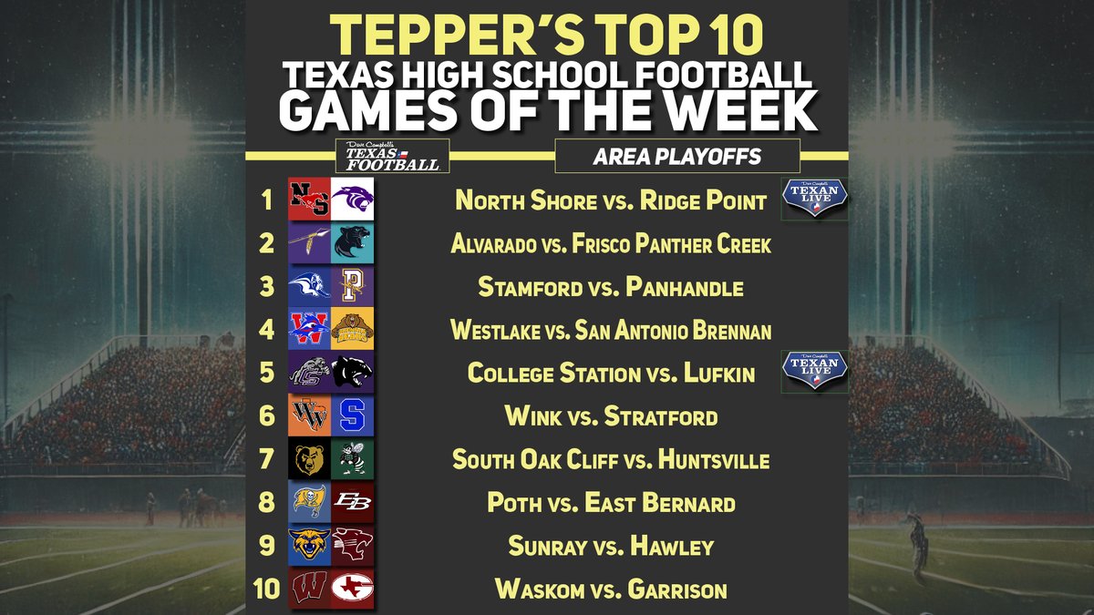 Dave Campbell's Texas Football โ TexasFootball.com (@dctf) on Twitter photo The Top 10 #TXHSFB Area Round games this week, via <a href="/Tepper/">Greg Tepper</a>!
<a href="/RPHS_FB/">Ridge Point Football</a> vs <a href="/NSNationFB/">The Nation of NS</a> claims the No. 1 spot and, yes, you can watch that one on <a href="/Texan_Live/">Dave Campbellโs Texan Live - Texanlive.com</a>, too ๐
Do y'all see your team on here?
#Journey2St4te #Dctf #TexasFootball The Top 10 #TXHSFB Area Round games this week, via <a href="/Tepper/">Greg Tepper</a>!
<a href="/RPHS_FB/">Ridge Point Football</a> vs <a href="/NSNationFB/">The Nation of NS</a> claims the No. 1 spot and, yes, you can watch that one on <a href="/Texan_Live/">Dave Campbellโs Texan Live - Texanlive.com</a>, too ๐
Do y'all see your team on here?
#Journey2St4te #Dctf #TexasFootball