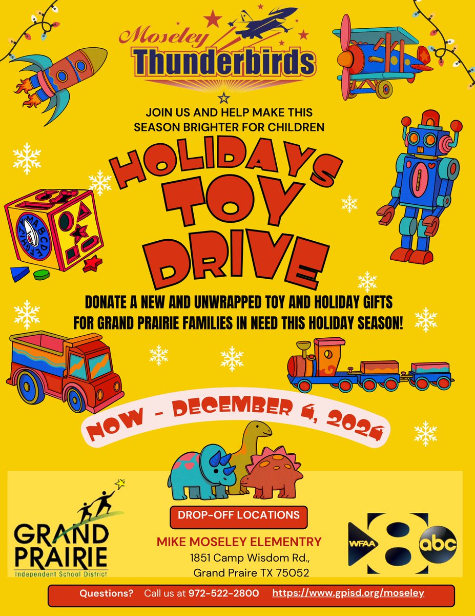Beverly Green (@mimocounselor) on Twitter photo Thunderbird Parents!
Check out our beautiful new toy drive flyer compliments of Ms. Claudine Williams, one of our second grade parents. Remember for each new, unwrapped toy your student donates, they will receive 5 Thunder bucks! <a href="/GPISDCounseling/">GPISD Counselors</a> Thunderbird Parents!
Check out our beautiful new toy drive flyer compliments of Ms. Claudine Williams, one of our second grade parents. Remember for each new, unwrapped toy your student donates, they will receive 5 Thunder bucks! <a href="/GPISDCounseling/">GPISD Counselors</a>