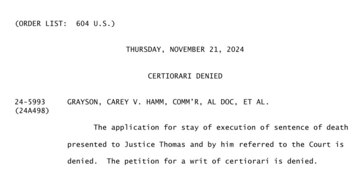 chrisgeidner's tweet photo. NEWS: SCOTUS will not stop Alabama from killing Carey Grayson today. There were no noted dissents.   

Alabama, again, plans to use nitrogen gas in tonight’s execution. https://t.co/U6AY3yYi6H
