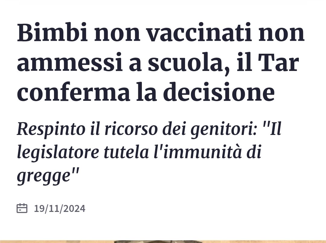 marzio2015's tweet photo. IL RISPETTO DELLA LEGGE 
Tar di Lecce ha respinto il ricorso dei genitori di due fratellini residenti nella provincia di Lecce non ammessi alla scuola materna perché non erano stati sottoposti ai vaccini obbligatori come da legge del 2017.
#vaccinazione #vacciniobbligatori https://t.co/VOM0IbtCVq