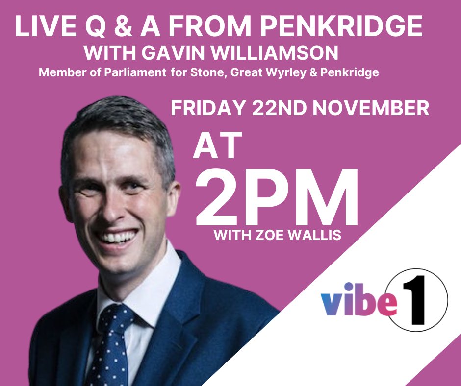 Vibe 1 - Made In Mid Staffordshire (@wearevibe1) on Twitter photo **EXCLUSIVE**
Member of Parliament for Stone, Great Wyrley & Penkridge, <a href="/GavinWilliamson/">Sir Gavin Williamson CBE MP</a> will be joining us on Friday at 2pm for a Special Q & A.
We will be putting constituents questions to Sir Gavin and tackling local issues.
🎧 FM | ONLINE | SMART SPEAKER | MOBILE **EXCLUSIVE**
Member of Parliament for Stone, Great Wyrley & Penkridge, <a href="/GavinWilliamson/">Sir Gavin Williamson CBE MP</a> will be joining us on Friday at 2pm for a Special Q & A.
We will be putting constituents questions to Sir Gavin and tackling local issues.
🎧 FM | ONLINE | SMART SPEAKER | MOBILE
