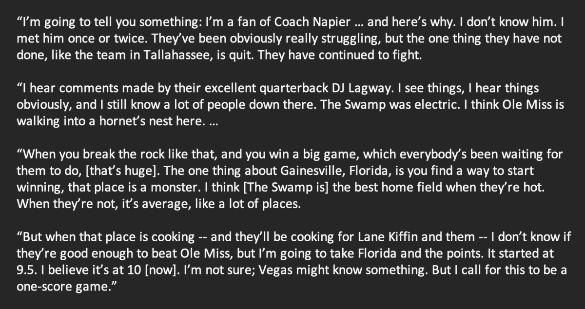 Urban Meyer contrasting the Florida #Gators and FSU this week on his podcast + takes on The Swamp and the Ole Miss game.