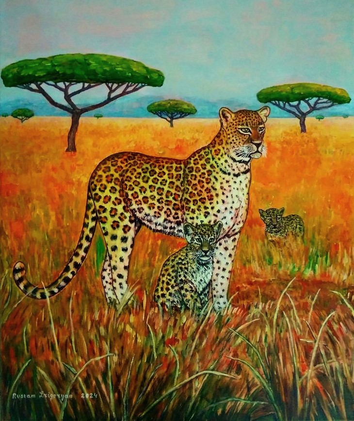 A female leopard with cubs in the African savannah. Acrylic painting. Canvas 60-50 cm. 2024.