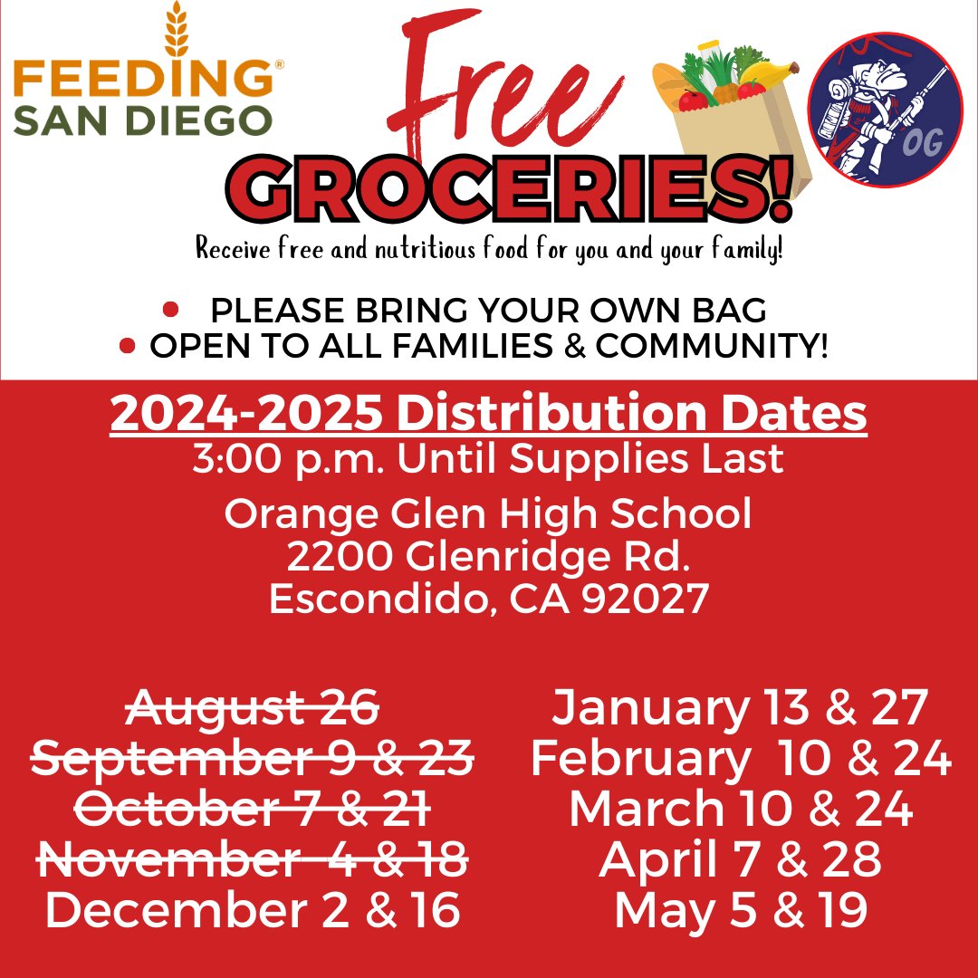 Don’t miss out on this opportunity! <a href="/FeedingSanDiego/">Feeding San Diego</a>  is providing free and nutritious food next Monday and on December 16 at <a href="/OrangeGlen/">Orange Glen HS</a>  at 3:00 p.m. Be sure to save the dates for future food distributions.