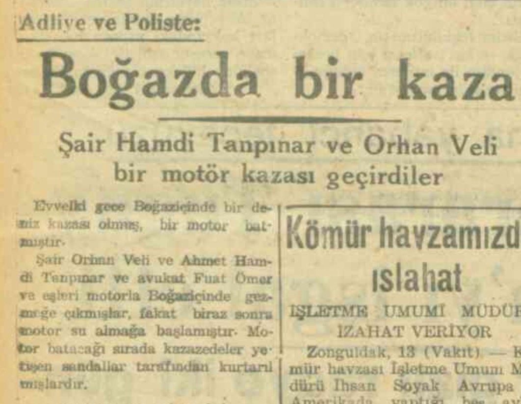 Tanpınar, Orhan Veli ve Fuat Ömer, bir gün Boğaziçi'nde motorla gezintiye çıkar ancak motor batınca kendilerini kıyıya zor atarlar.