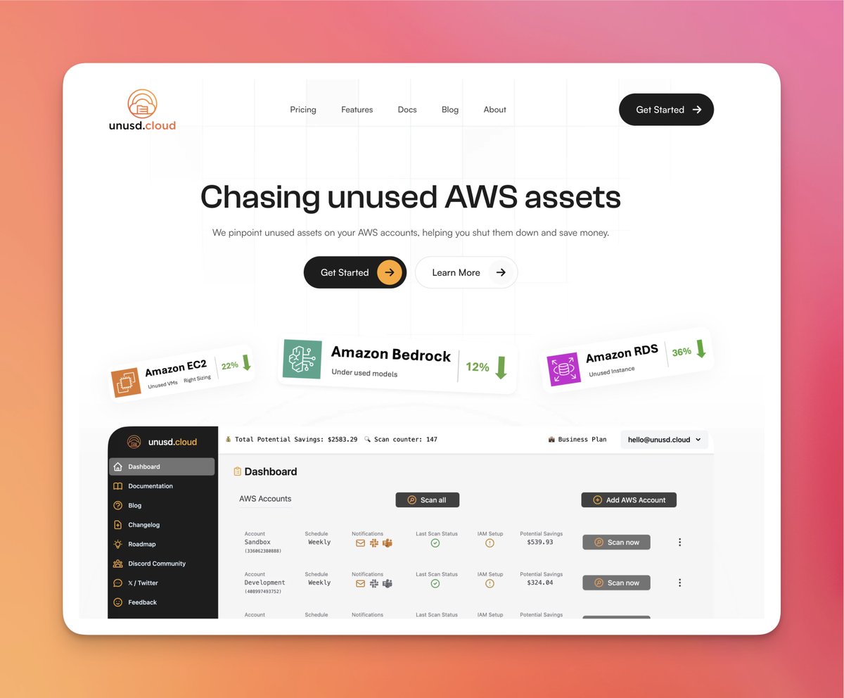 unusd_cloud's tweet photo. After many months of development, we are now ready to launch our brand-new waste detection engine for AWS (v3).

It features a new landing page, a new web app, and an updated report UI. https://t.co/jya3abmE6P