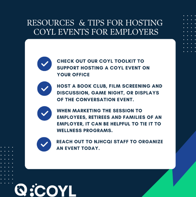 NJHCQI's tweet photo. We know many employees are caregivers when they go home too. Many groups are hosting conversation workshops for employees as part of wellness benefits, including employee resource programs among others. Check out #COYLNJ’s toolkit here: https://t.co/Ebwpe1fAsF https://t.co/83cyCqRjCv