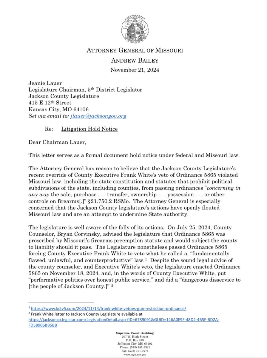 MOFirearms2A's tweet photo. 🚨🚨 Jackson County is run by radical leftists who think MO law and the state constitution doesn't apply to them. Their new rule banning guns under aged 21 is absolutely illegal and that's what our Attorney General @AGAndrewBailey just announced he's suing them!!!!!

Read the presser and document preservation order below! Hold fast, Jackson Co, help is coming! 

Thanks, AG Bailey, for fighting for all of us!