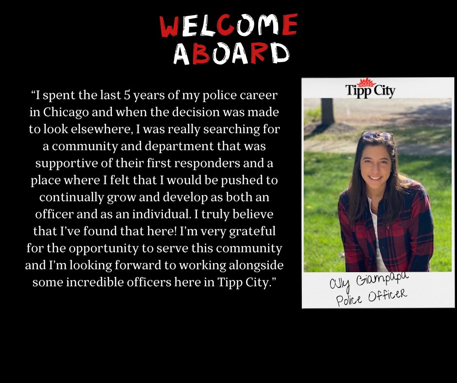 Please join us in welcoming Ally Giampapa as the newest Police Officer with Tipp City! Ally started on November 18th and brings valuable experience from her time with the Chicago Police Department—welcome to the team, Officer Giampapa!