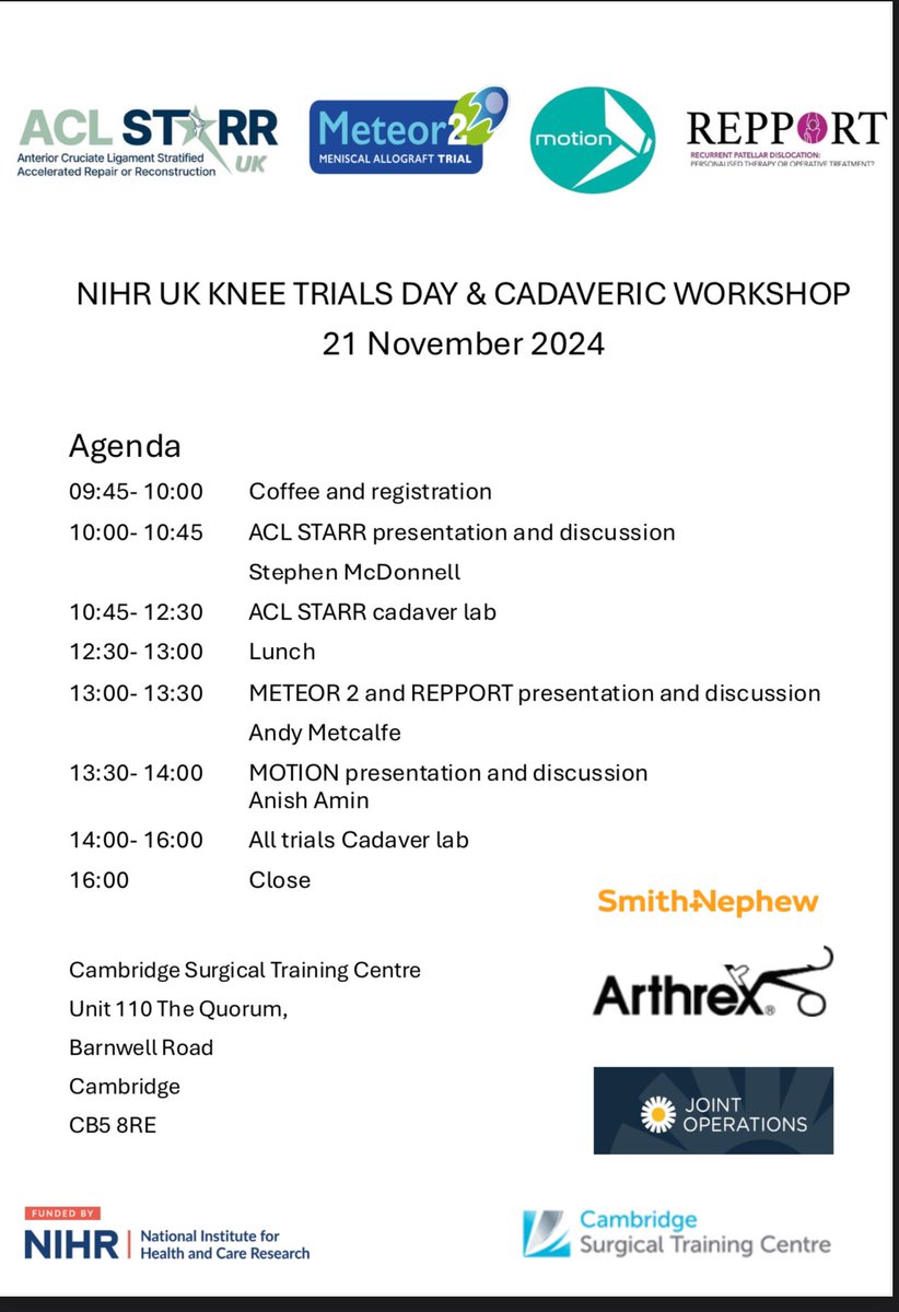 MOTION Trial (@motiontrial) on Twitter photo Such a productive, collaborative and engaging #NIHR UK #knee trials cadaveric workshop day in Cambridge with <a href="/AnishKAmin/">Anish Amin</a> <a href="/AndyMetOrtho/">Andy Metcalfe</a>, Stephen McDonnell and lots of enthusiastic PIs supporting MOTION, REPPORT, METEOR2 and ACL STARR NIHR trials. Such a productive, collaborative and engaging #NIHR UK #knee trials cadaveric workshop day in Cambridge with <a href="/AnishKAmin/">Anish Amin</a> <a href="/AndyMetOrtho/">Andy Metcalfe</a>, Stephen McDonnell and lots of enthusiastic PIs supporting MOTION, REPPORT, METEOR2 and ACL STARR NIHR trials.