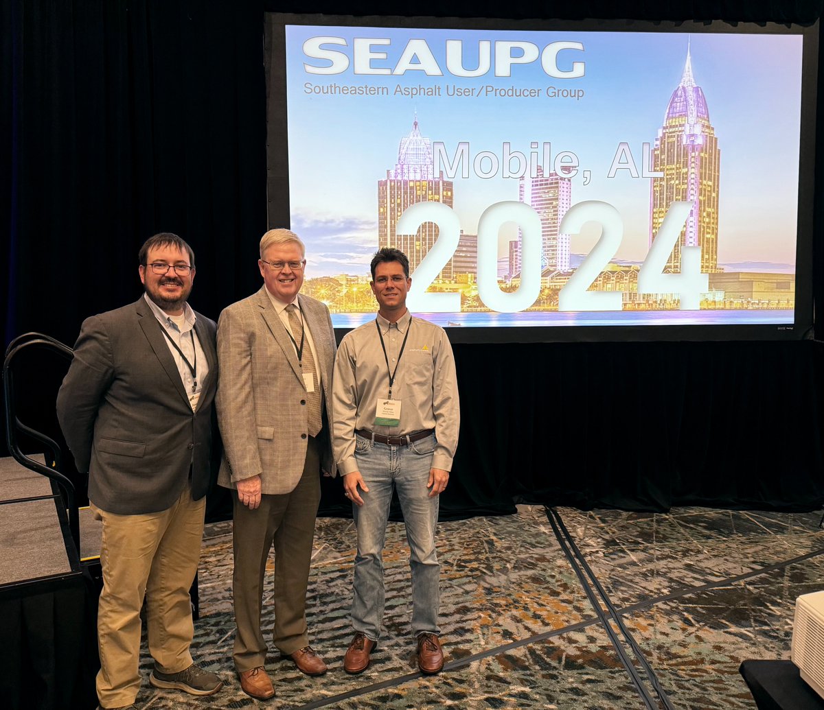 Asphalt_Inst's tweet photo. The @Asphalt_Inst was well represented at the SEAUPG (Southeastern Asphalt User/Producer Group) 2024 Annual Meeting &amp; Exhibits in Mobile, AL this week. Mike Anderson (@AILabGuy ) presented twice while Grover Allen (@pavemntengineer) and Jason Wielinski both moderated sessions. https://t.co/ahc3R87QFo