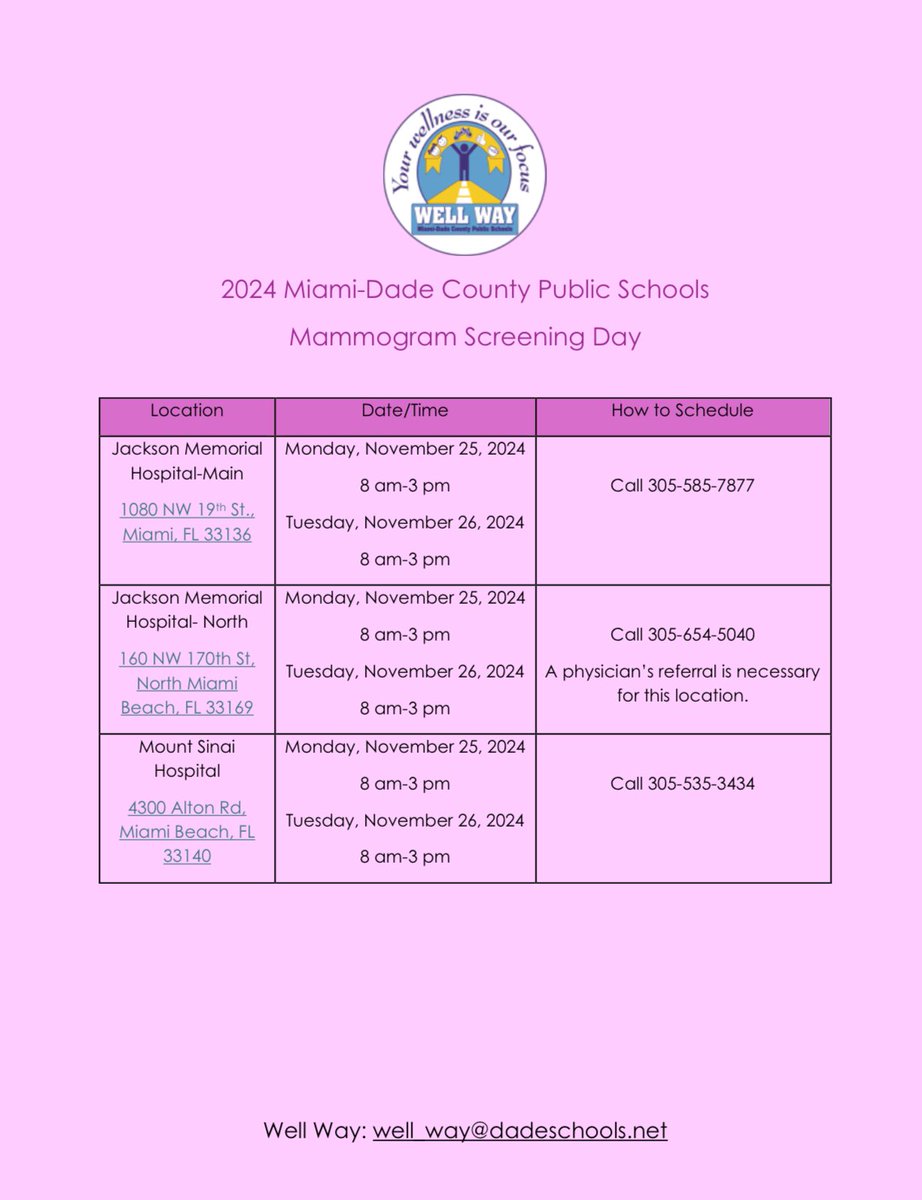 MDCPSWellWay's tweet image. The MDCPS District wide mammogram screening dates are November 25 &amp;amp; 26!

See you there!😃

#Wellway #MDCPS #Mammogram