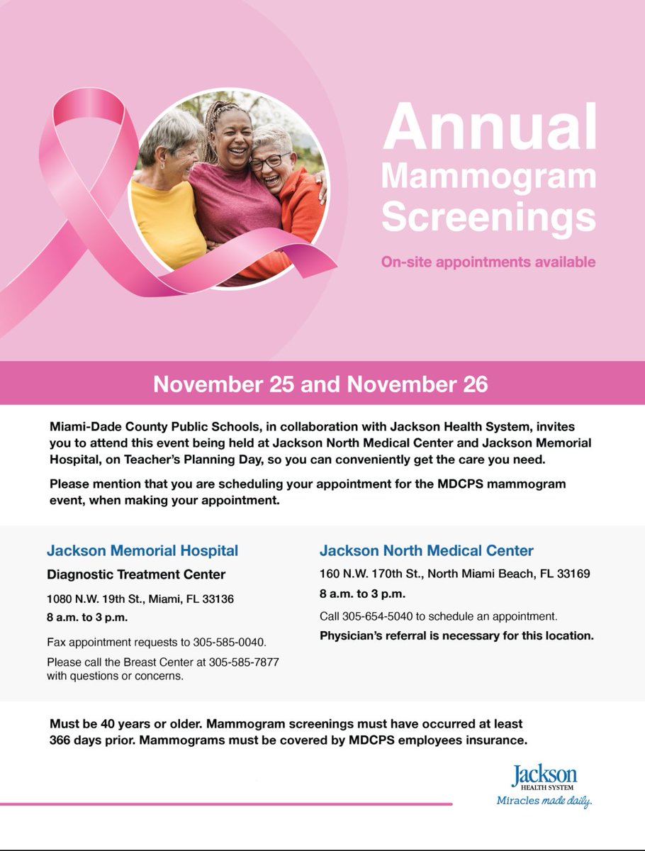MDCPSWellWay's tweet image. The MDCPS District wide mammogram screening dates are November 25 &amp;amp; 26!

See you there!😃

#Wellway #MDCPS #Mammogram