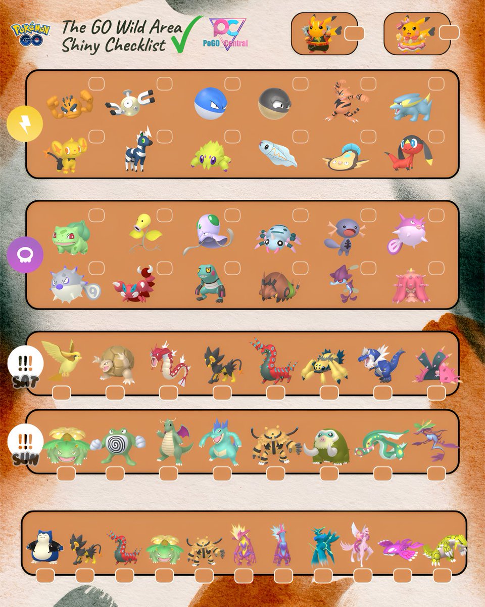✨ GO WILD AREA CHECKLIST ✨

Pre-event: Use this checklist as a way of chasing the shiny you need
Post-event: Use this checklist as a way of finding out how many of the possible shiny you got ✨